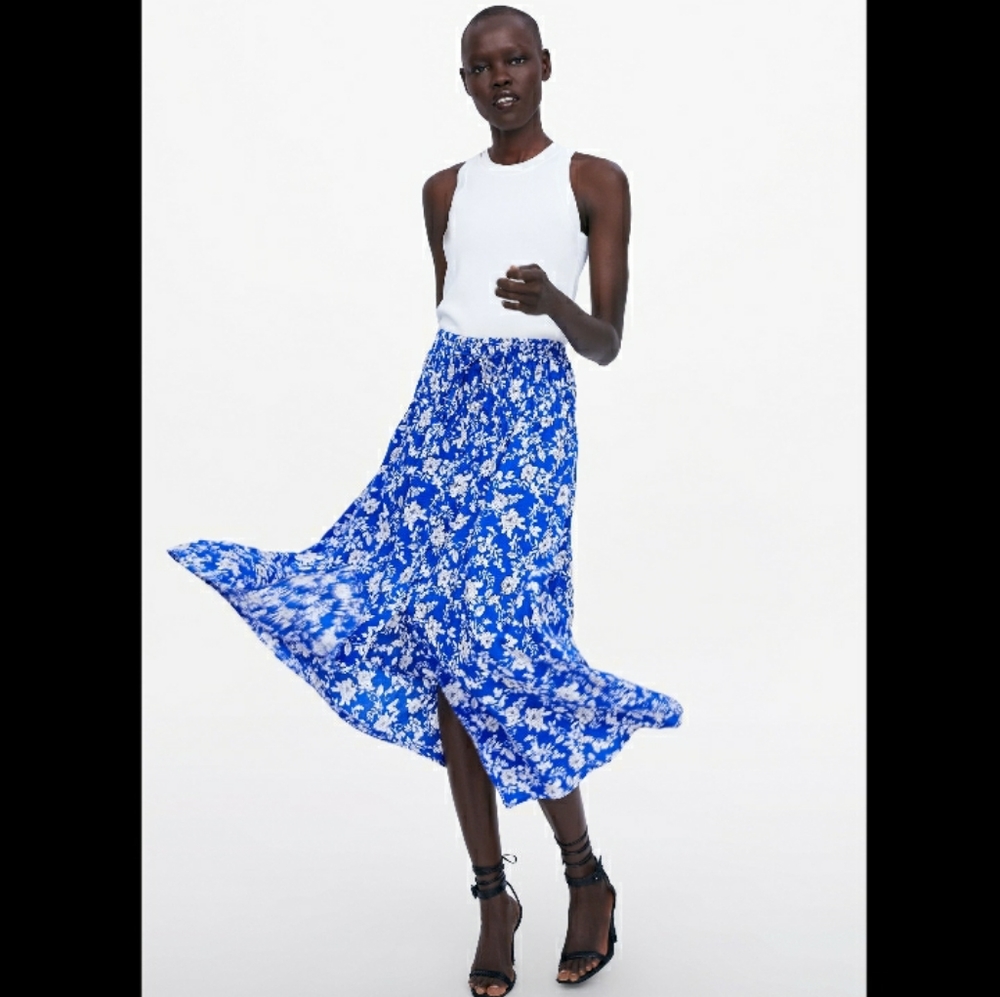 NWT Zara Blue Floral Maxi Button Up Skirt Size S
